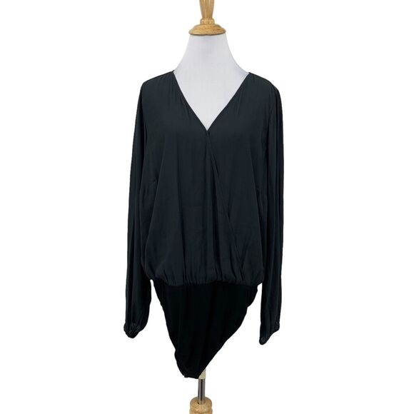Torrid Surplice Bodysuit Womens 1 Stretch Long Sleeve Chiffon Back Tie Black - Picture 1 of 16